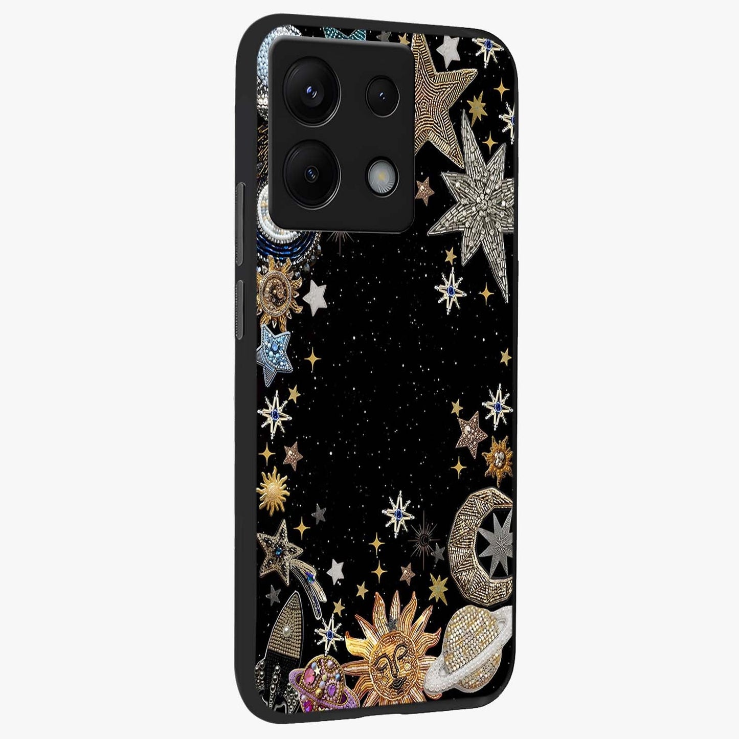 Galactic Jewel Stars Glass Case upright view showcasing glittering star jewel artwork with vibrant galaxy theme.