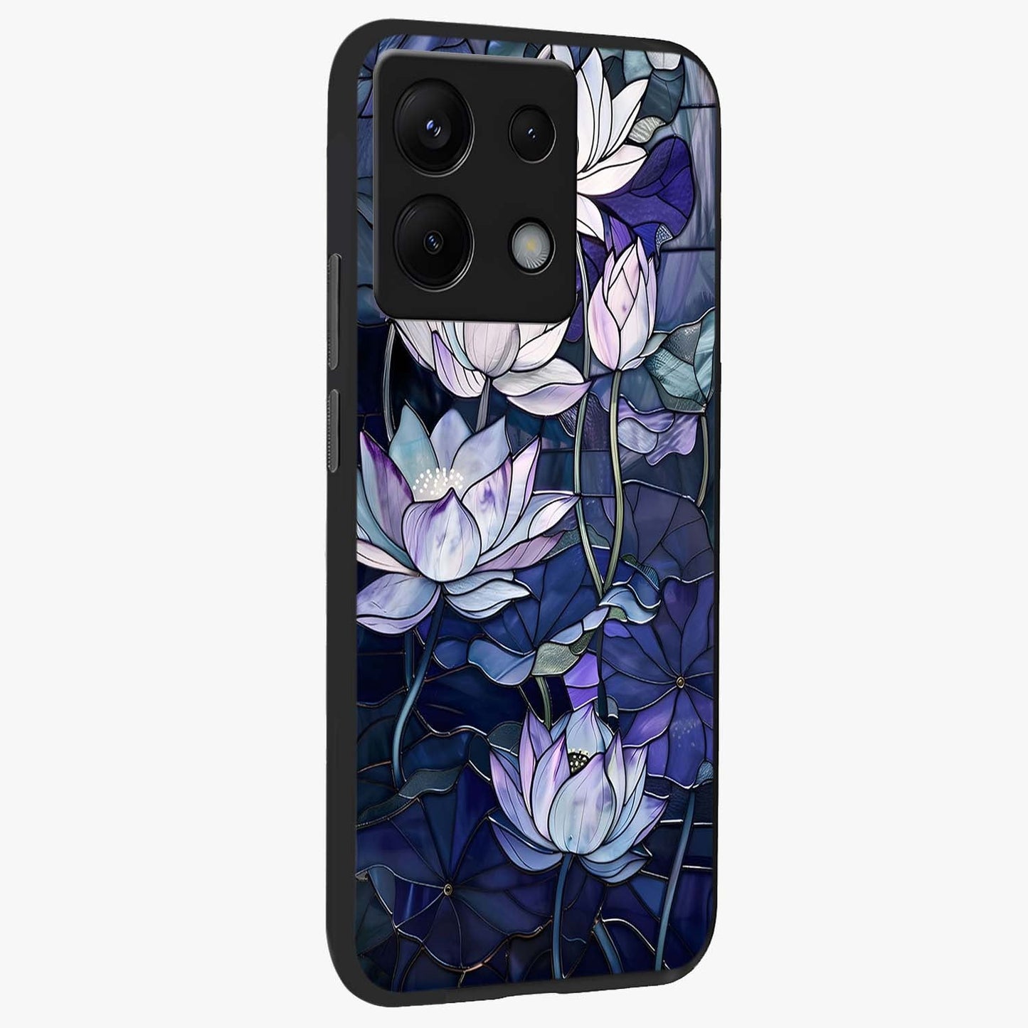 Gloss Petal Rush Glass Case upright view showcasing dynamic floral petal artwork with modern botanical theme.