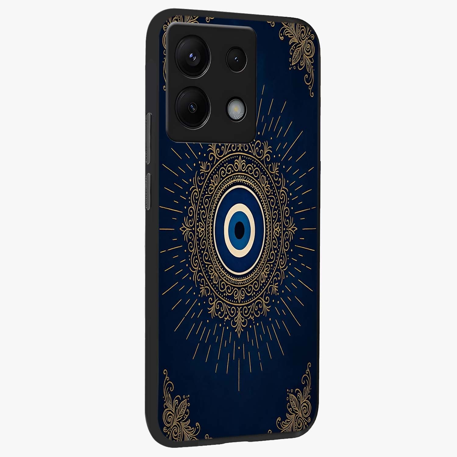 Golden Celestial Charm Glass Case upright view showcasing radiant celestial artwork with elegant golden theme.