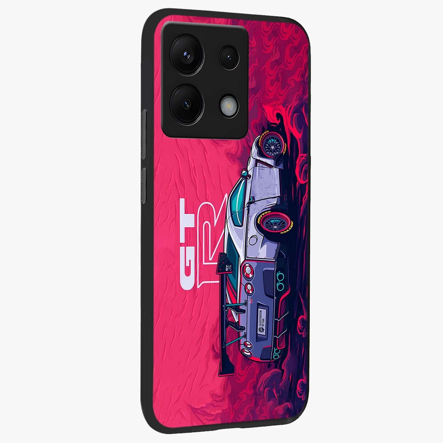 GT-R Car Pattern Glass Case upright view showcasing dynamic car pattern artwork with modern sports theme.