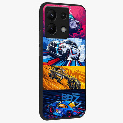 JDM Sports Car Glass Case upright view showcasing dynamic sports car artwork with bold racing theme.