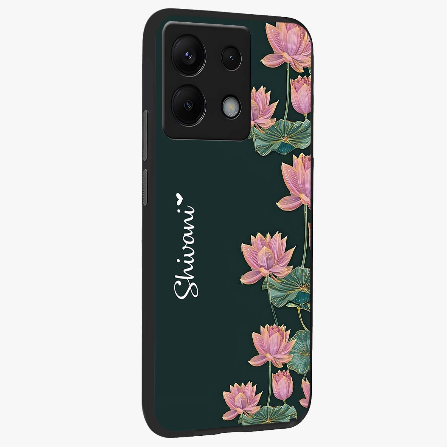 Lotus Bloom Serenity Custom Name Glass Case upright view showcasing serene lotus bloom artwork with personalized floral aesthetic.