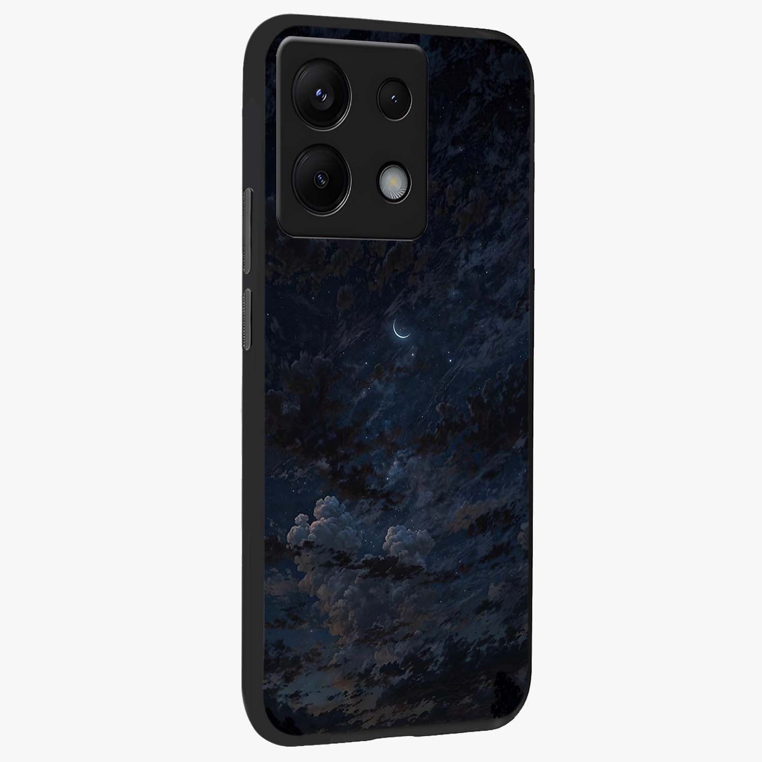 Lunar Veil Silence Glass Case upright view showcasing calm moon themed artwork with serene night atmosphere.