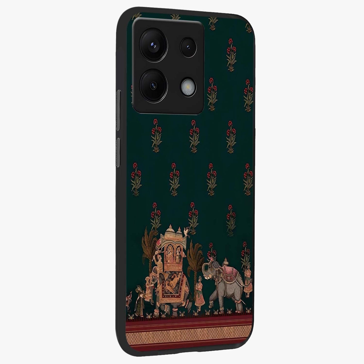 Macmerise Glass Case upright view showcasing bold artistic artwork with contemporary design theme.