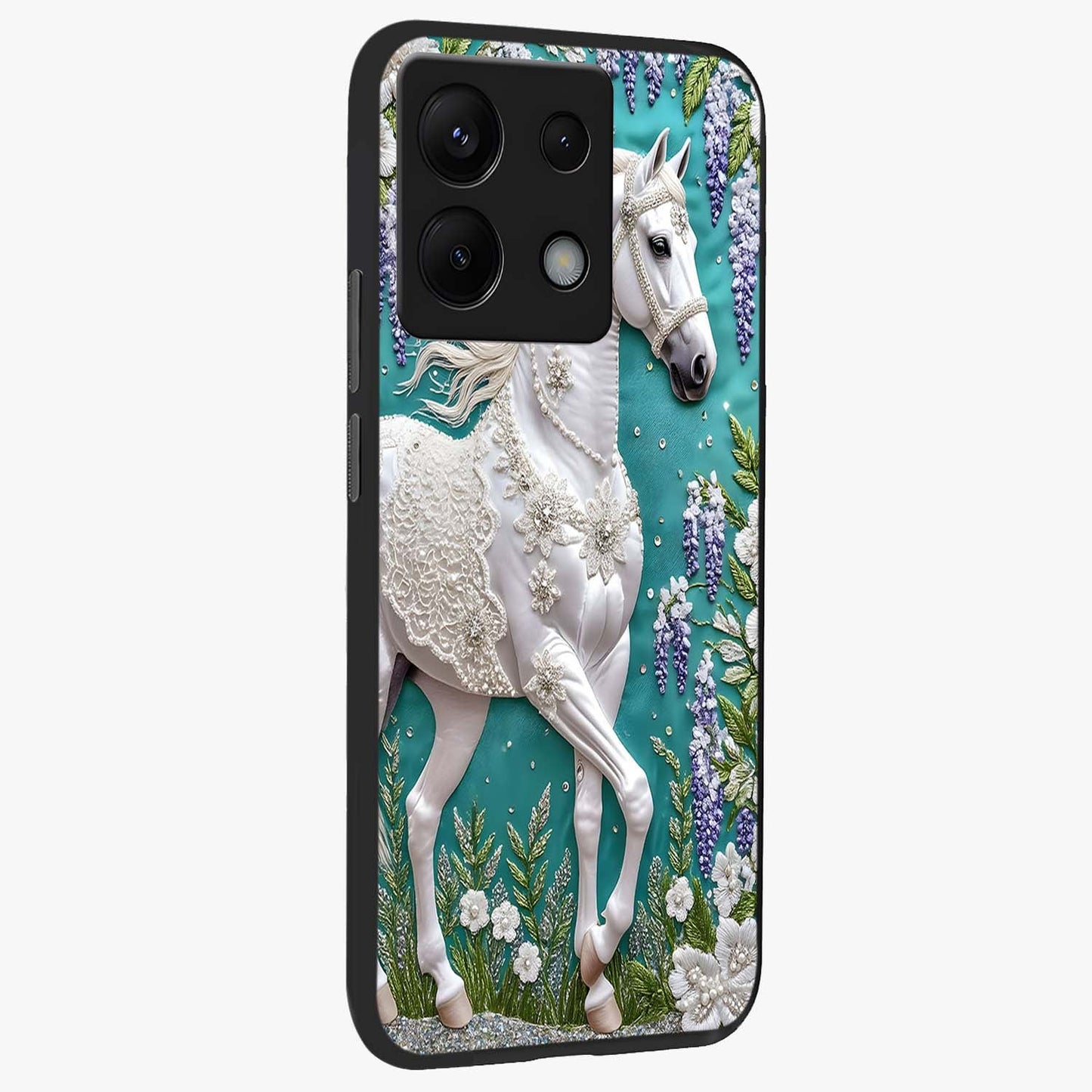 Majestic Floral Stallion Glass Case upright view showcasing dramatic horse artwork with decorative floral theme.