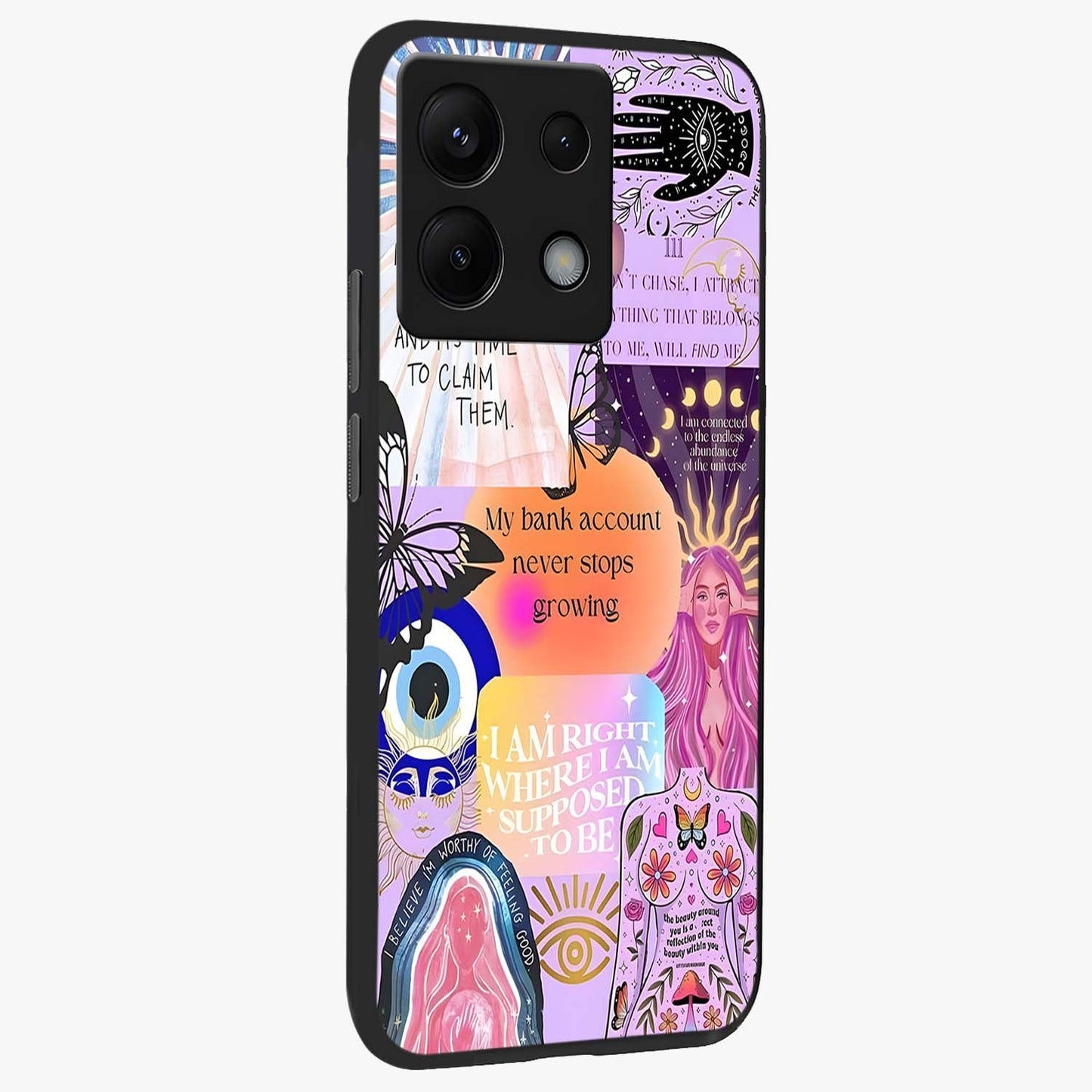 Manifestation Collage Glass Case upright view showcasing artistic manifestation themed artwork with creative style.