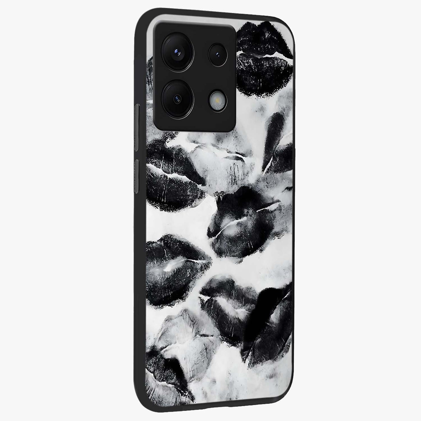 Midnight Kiss Marks Glass Case upright view showcasing stylish kiss mark artwork with trendy romantic theme.