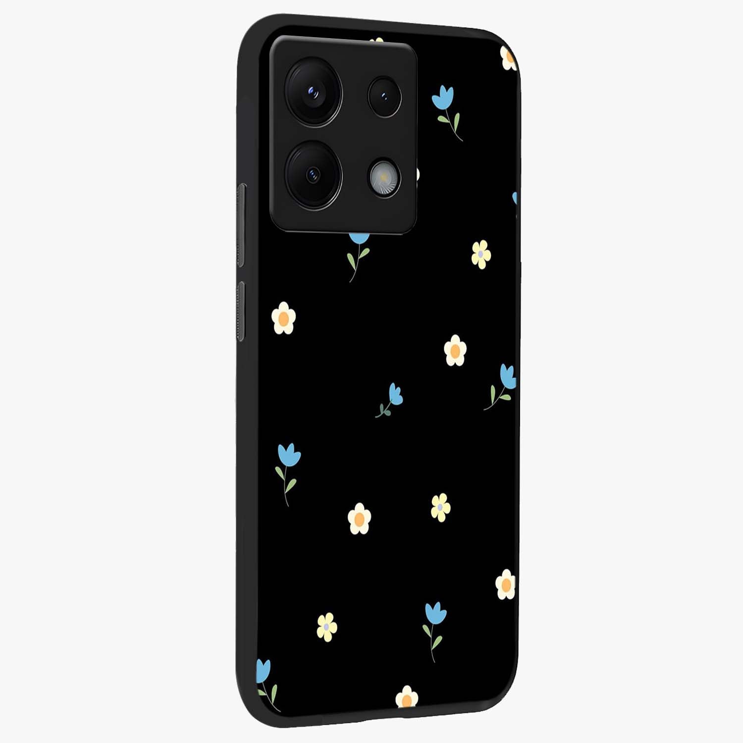 Minimal Petal Whispers Glass Case upright view showcasing elegant floral artwork with modern minimalist style.
