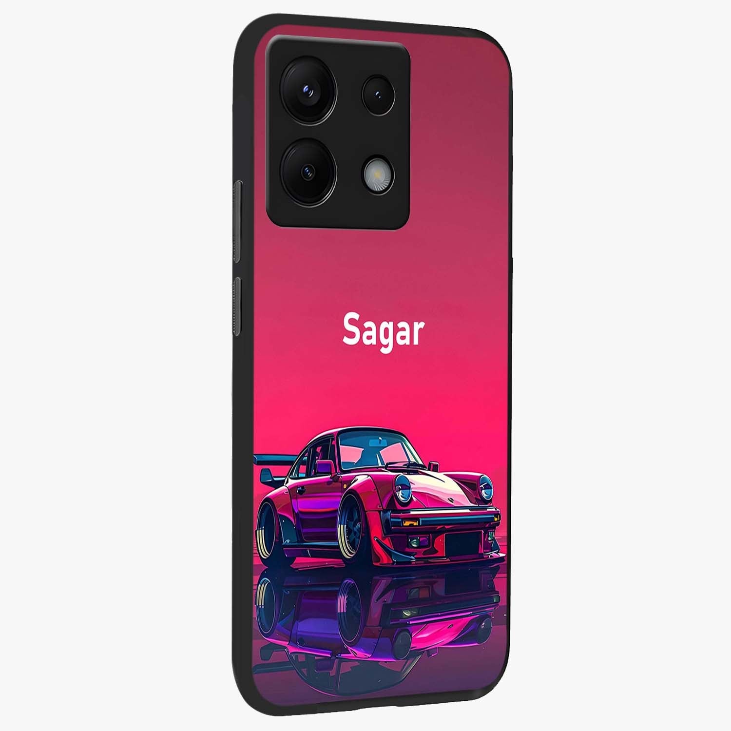 Neon Pink Porsche Glass Case upright view showcasing vibrant sports car artwork with bold automotive theme.