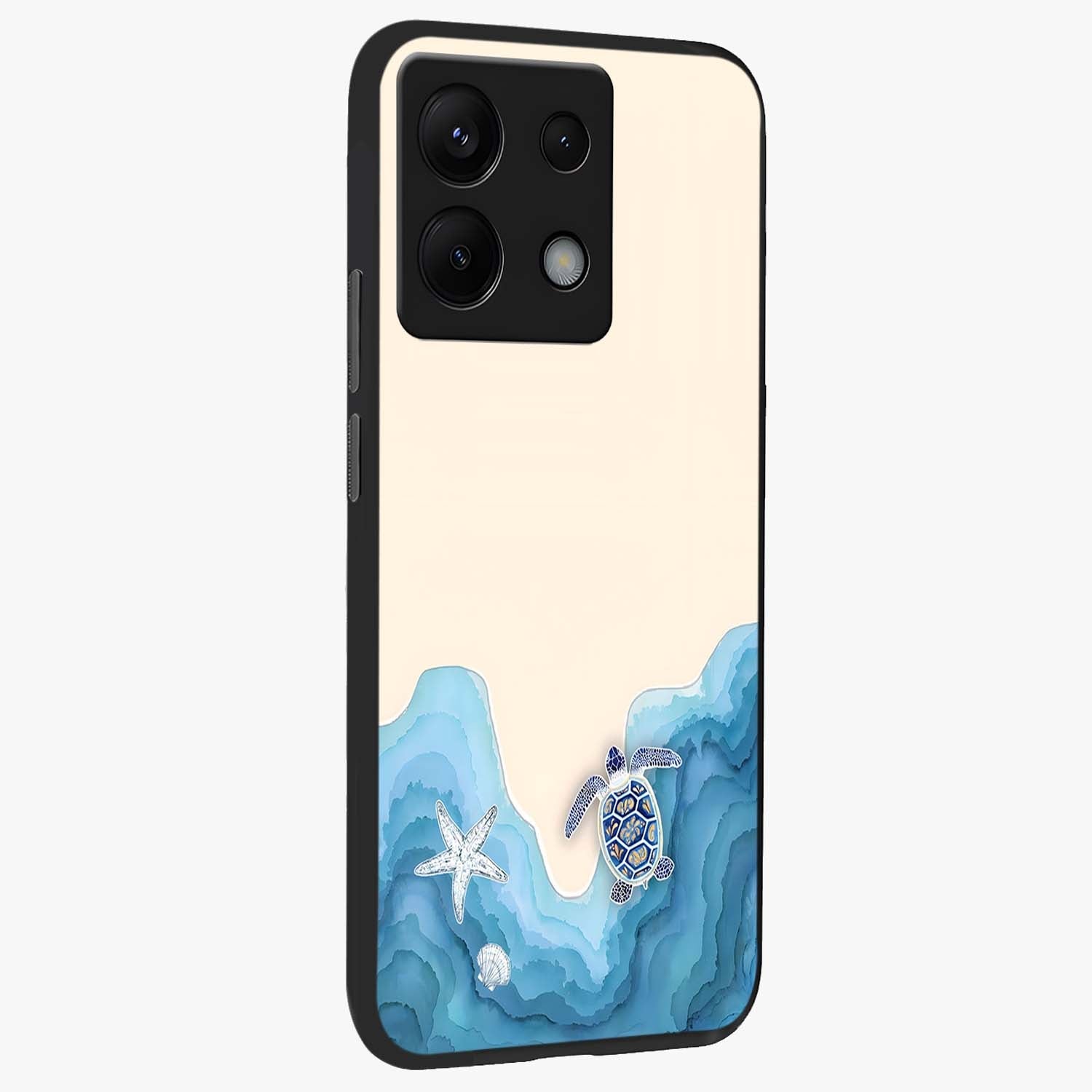 Ocean Drift Turtle Glass Case upright view showcasing calm underwater turtle artwork with nature inspired theme.