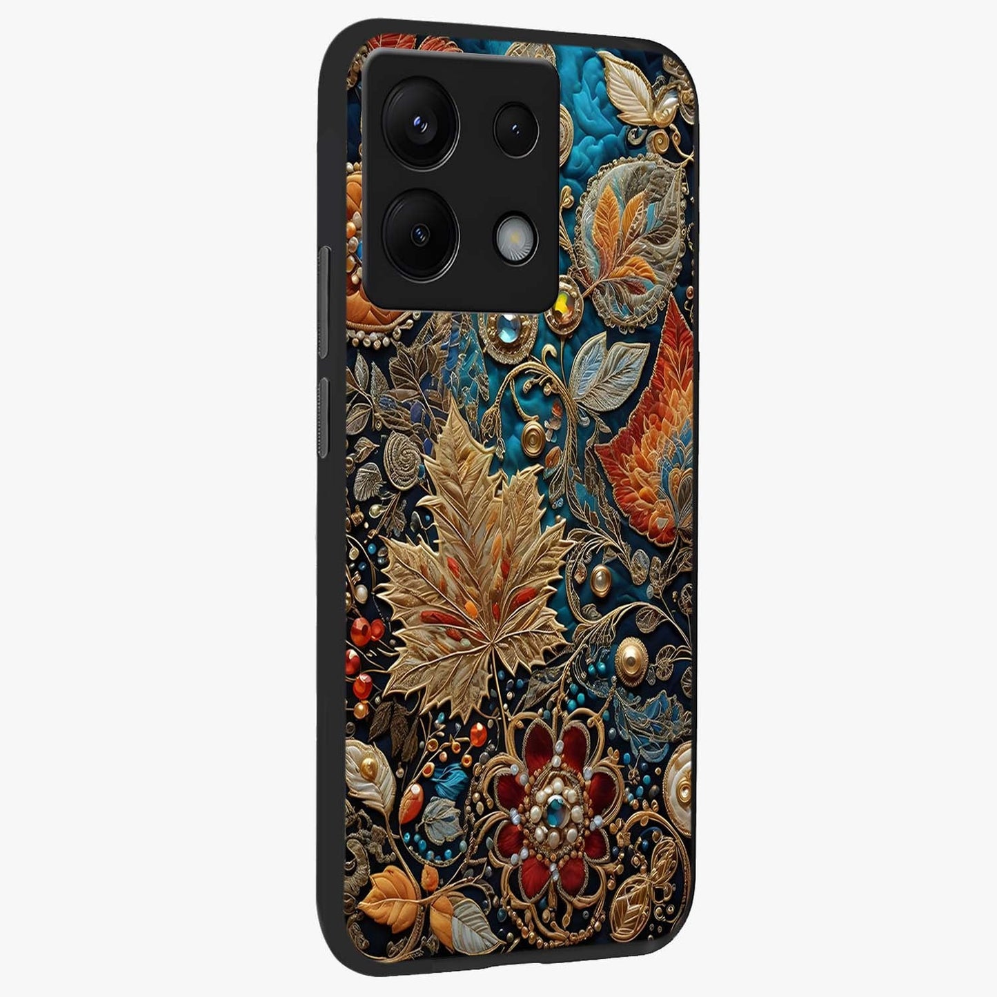 Royal Jewel Garden Glass Case upright view showcasing rich floral artwork with luxurious garden theme.