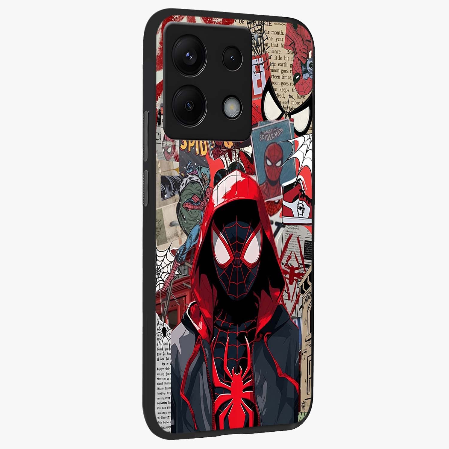 Spider Collage Street Glass Case upright view showcasing bold superhero artwork with urban street theme.