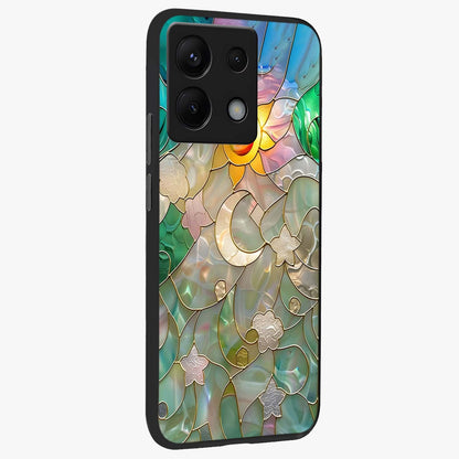 Stained Sunrise Glow Glass Case upright view showcasing colorful sunrise artwork with warm morning theme.