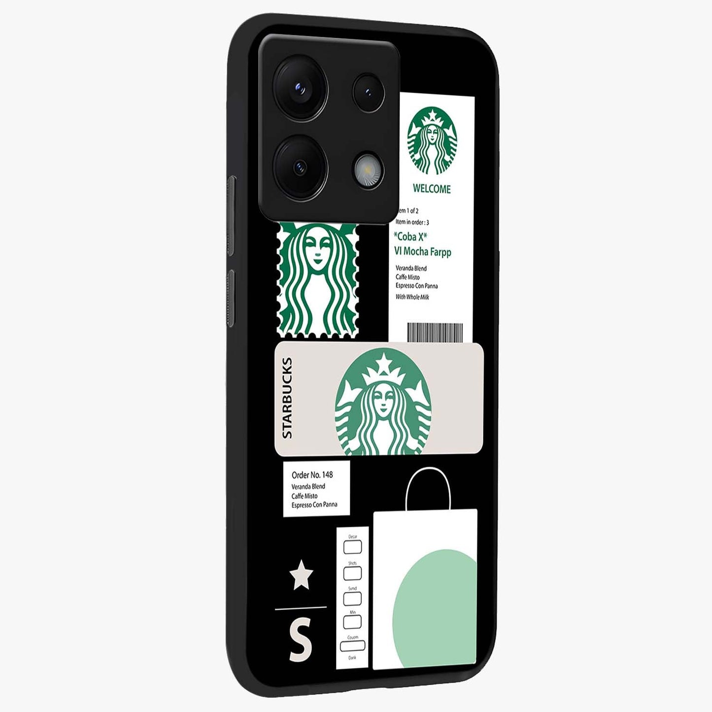 Starbucks Mocha Glass Case upright view showcasing trendy coffee inspired artwork with modern lifestyle theme.
