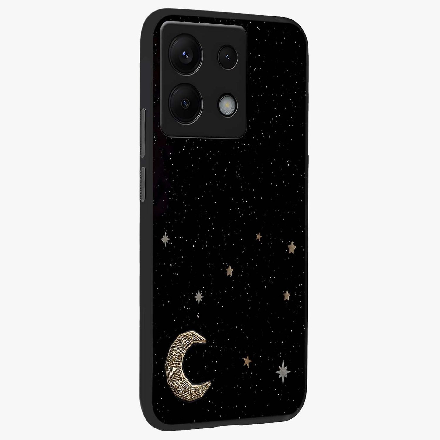 Twinkle Star With Half Moon Glass Case upright view showcasing glowing cosmic artwork with dreamy night theme.