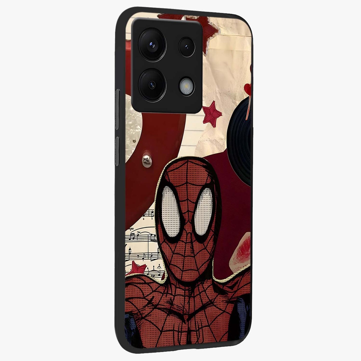 Web Warrior Vibes Glass Case upright view showcasing energetic superhero artwork with bold action theme.
