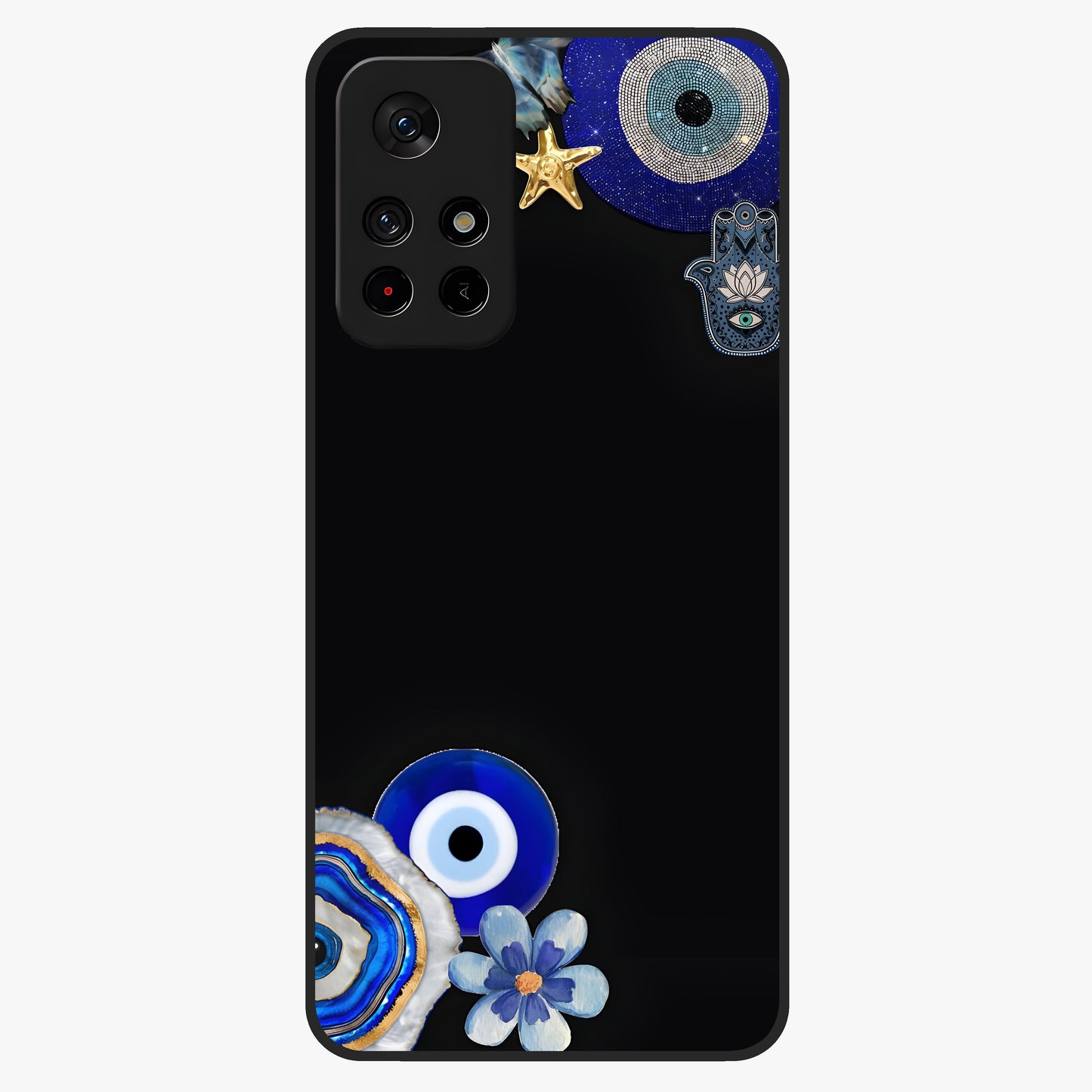 Aesthetic Blue Evil Eye Glass Case showing flat back view with protective evil eye artwork and glossy glass finish.