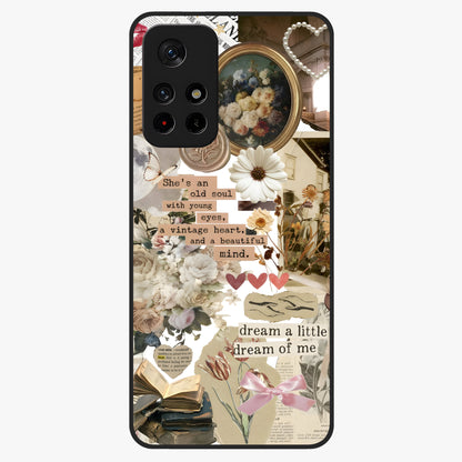Aesthetic Brown Vintage Collage Glass Case upright view showcasing nostalgic retro artwork with stylish vintage theme.