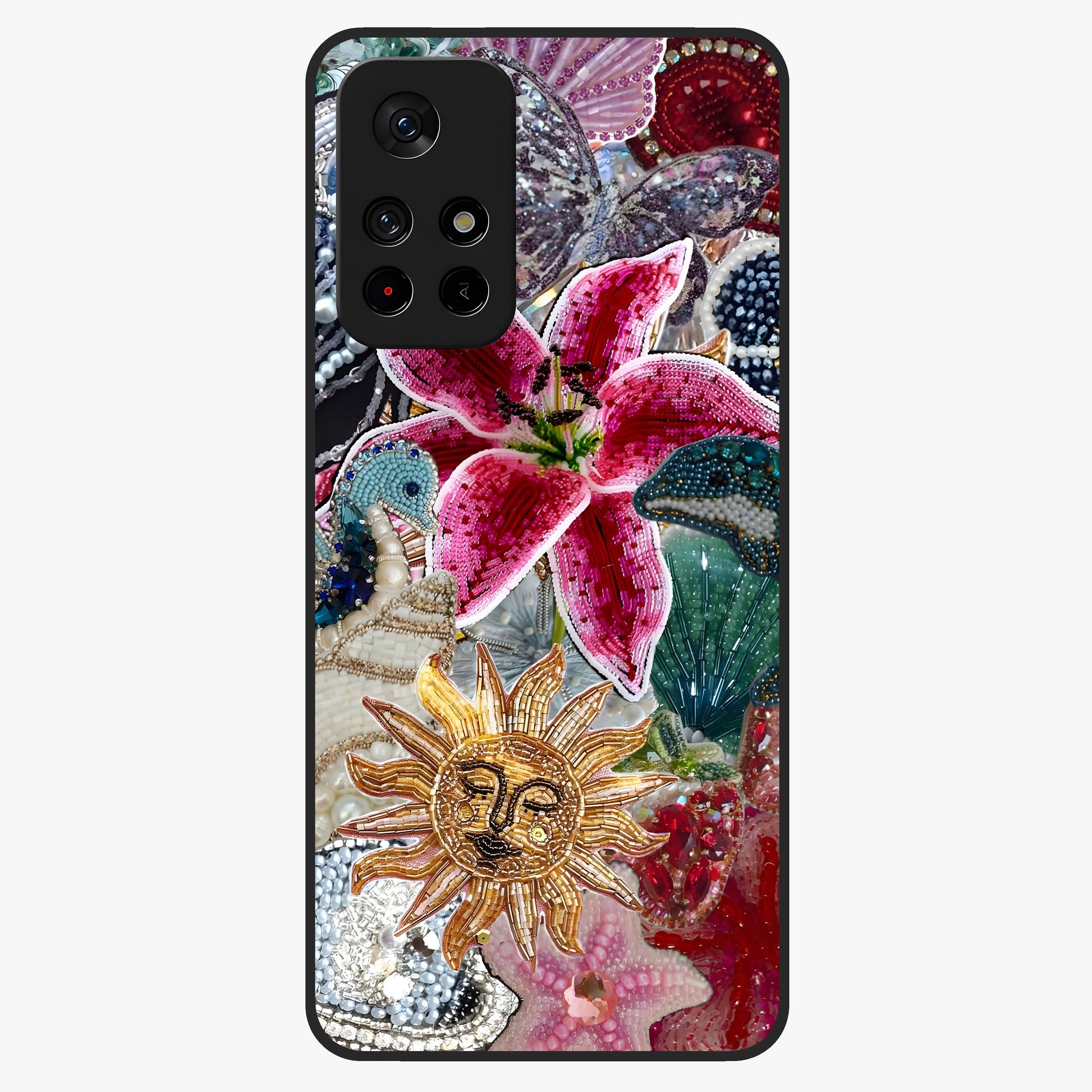Beaded Garden Fantasy Glass Case upright view showcasing whimsical garden aesthetic with artistic bead details.