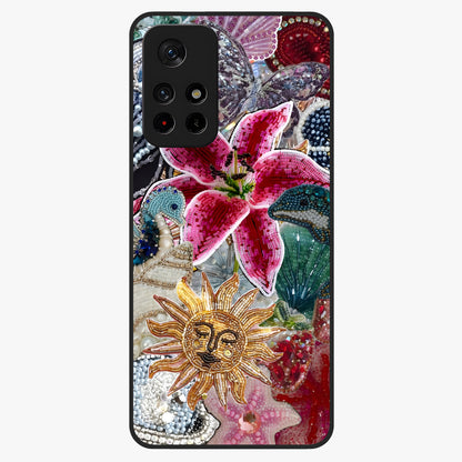 Beaded Garden Fantasy Glass Case upright view showcasing whimsical garden aesthetic with artistic bead details.