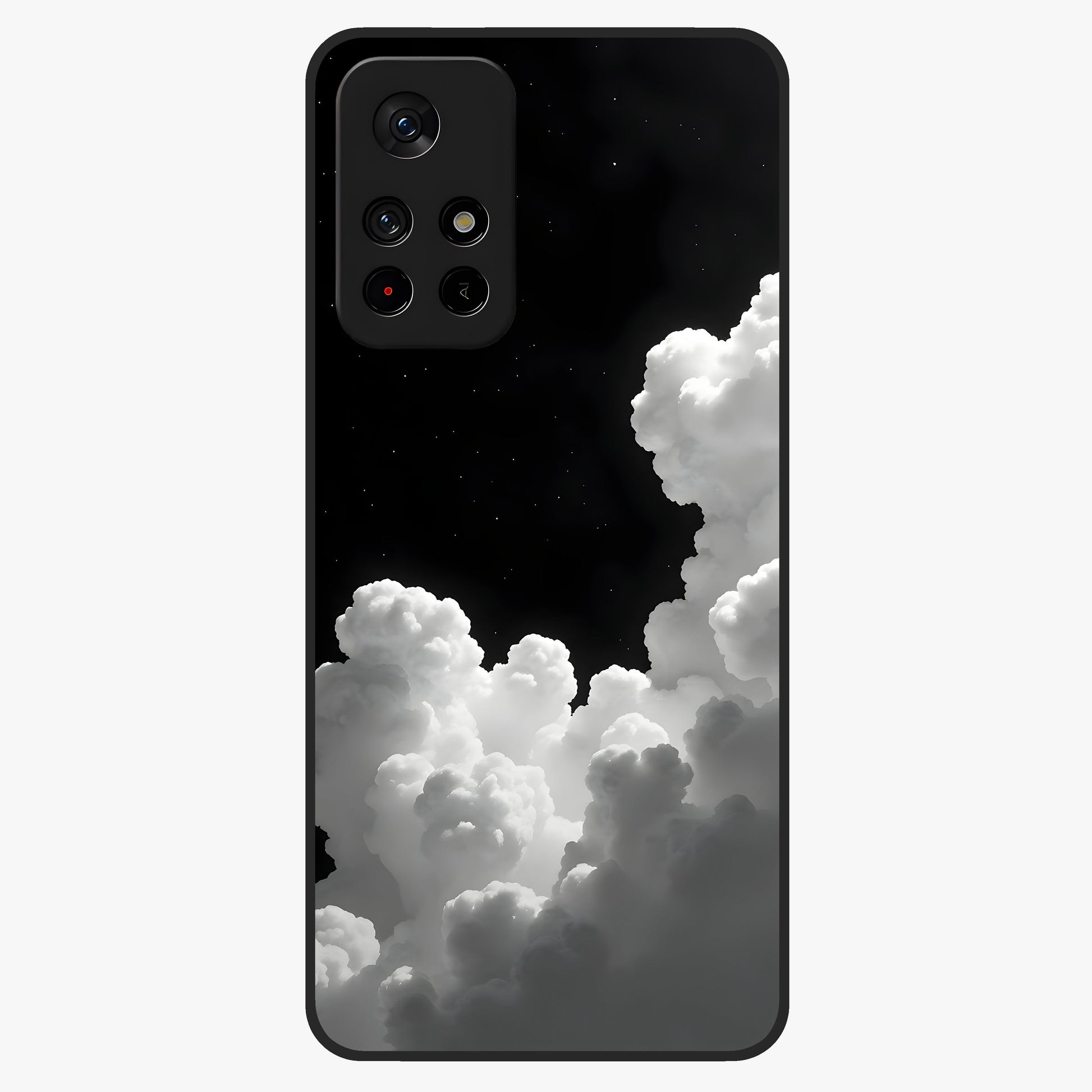 Black Background With White Cloud Glass Case showing flat back view with minimal cloud artwork on dark background and glossy glass finish.