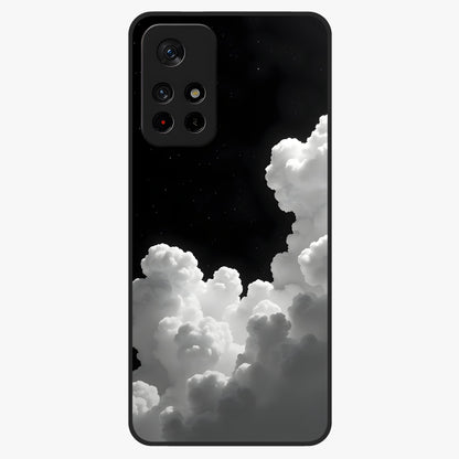 Black Background With White Cloud Glass Case showing flat back view with minimal cloud artwork on dark background and glossy glass finish.