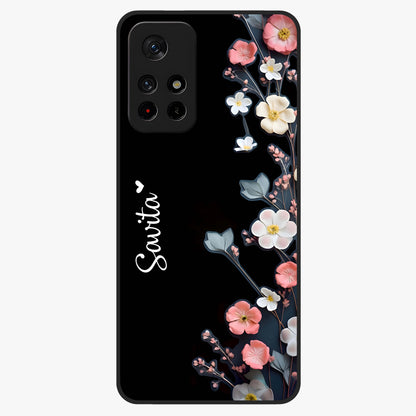 Black Elegance Floral Custom Name Glass Case upright view showcasing luxurious black floral design with personalized name detail.