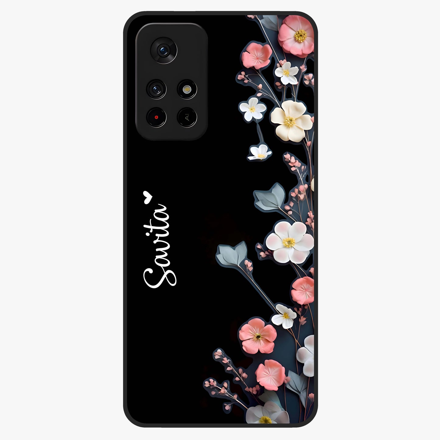 Black Elegance Floral Custom Name Glass Case showing flat back view with elegant floral artwork and personalized name design.