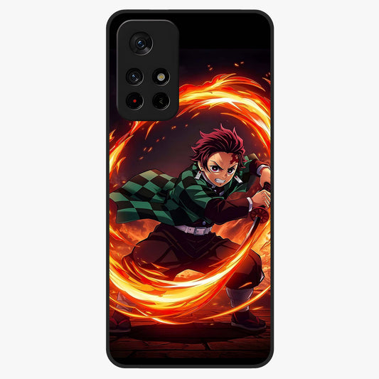 Blazing Sword Resolve Glass Case showing flat back view with fiery sword artwork and glossy glass finish.