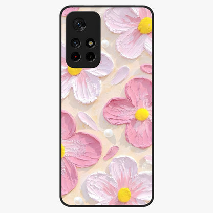Blush Bloom Texture Glass Case showing flat back view with soft blush floral texture artwork and glossy glass finish.
