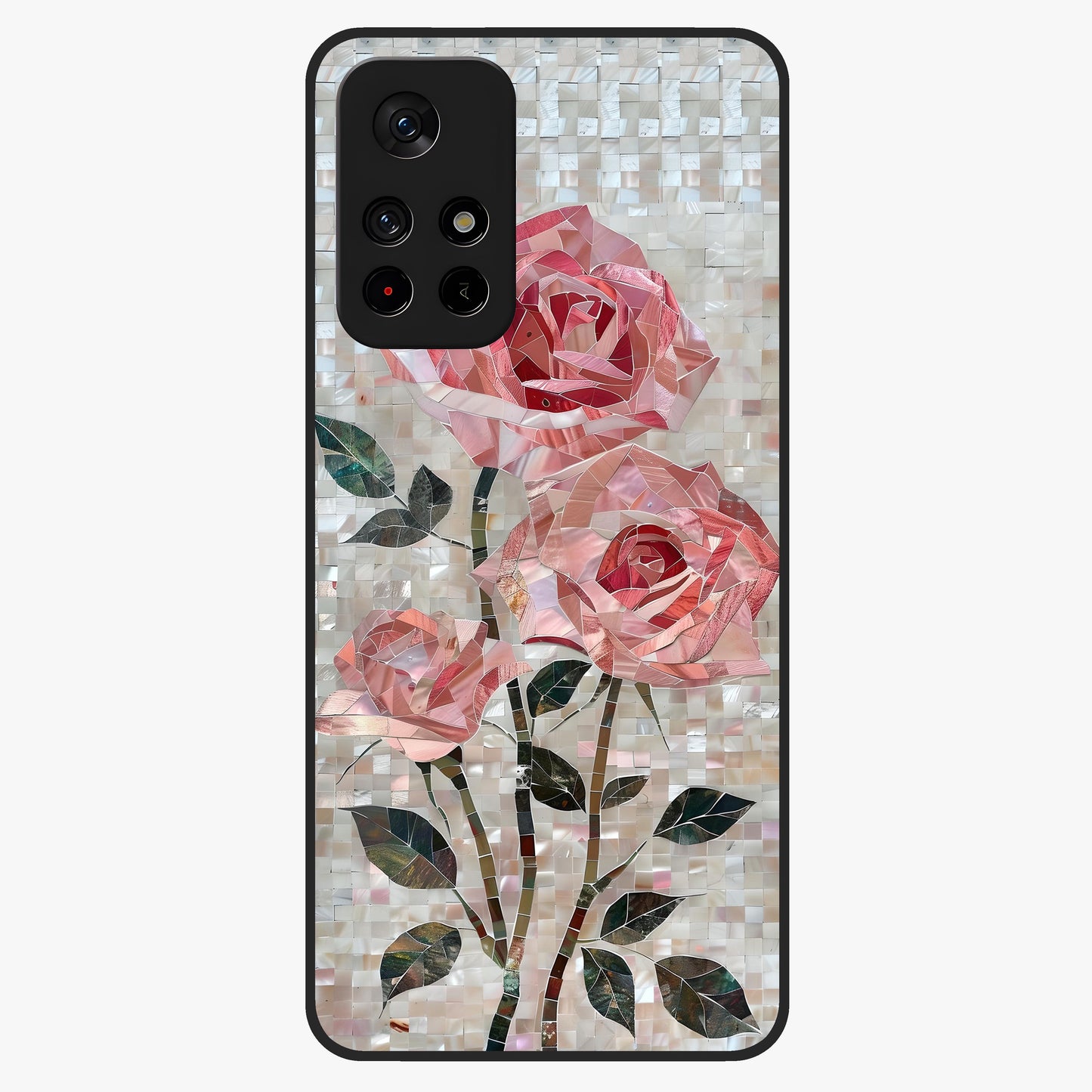 Blush Mosaic Bloom Glass Case showing flat back view with mosaic floral bloom artwork and glossy glass finish.