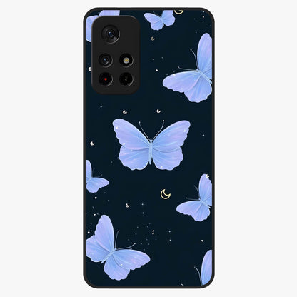 Butterfly With Stars Pattern Glass Case upright view showcasing celestial butterfly artwork with sparkling star elements.