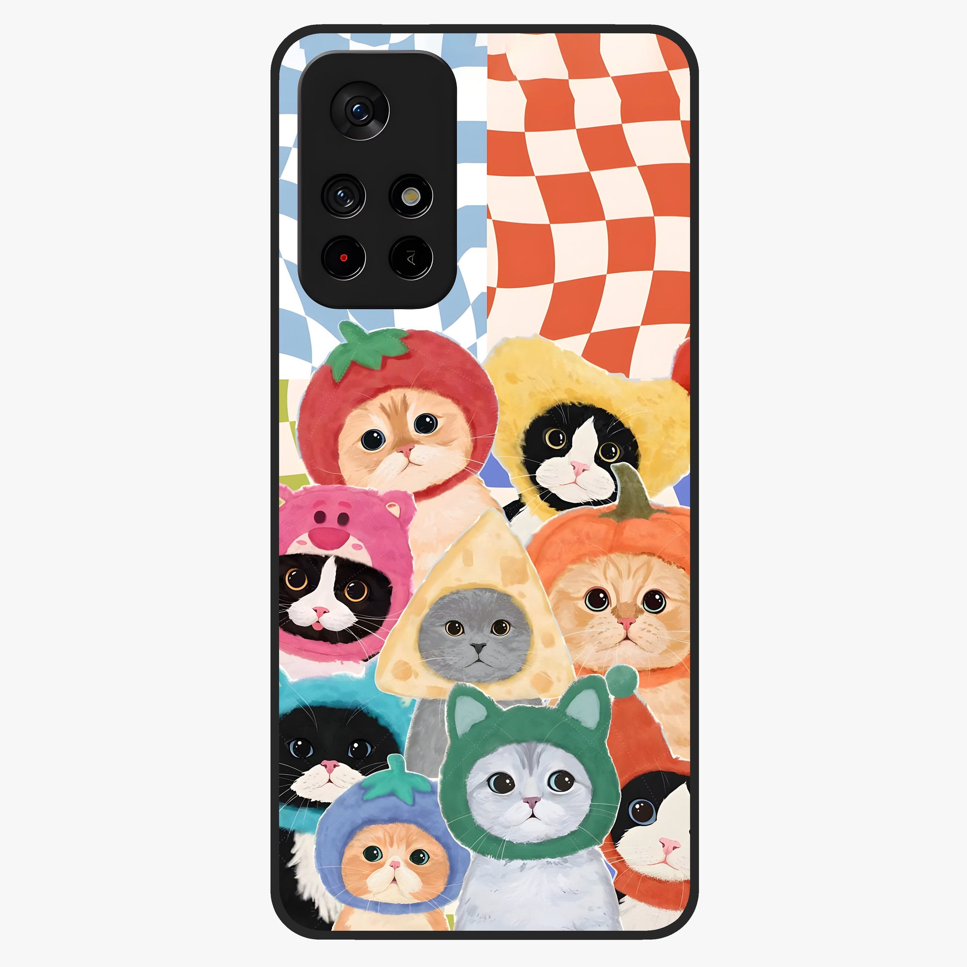 Cats in Fruits Glass Case upright view showcasing charming cat artwork with fun fruity theme.