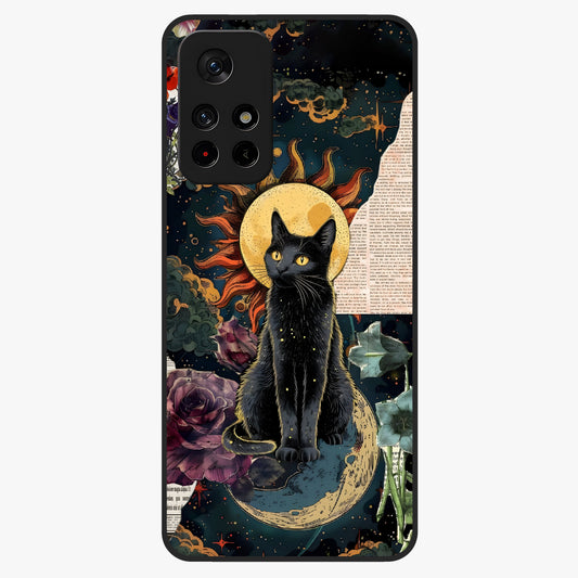 Celestial Black Cat Glass Case showing flat back view with mystical black cat artwork and glossy glass finish.