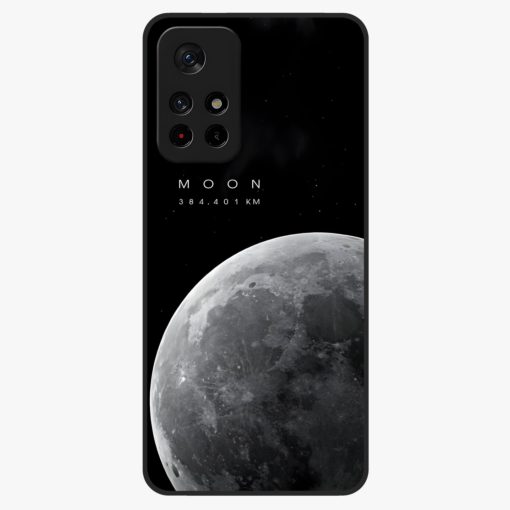 Cosmic Moon Glow Glass Case showing flat back view with glowing moon artwork and glossy glass finish.