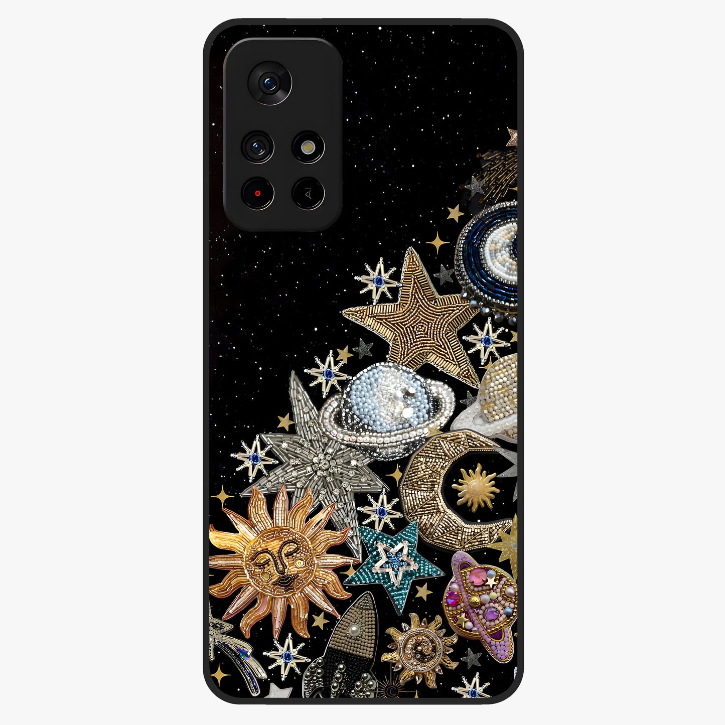 Cosmic Sparkle Dreams Glass Case showing flat back view with sparkling cosmic artwork and glossy glass finish.