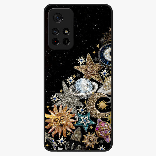 Cosmic Sparkle Dreams Glass Case showing flat back view with sparkling cosmic artwork and glossy glass finish.