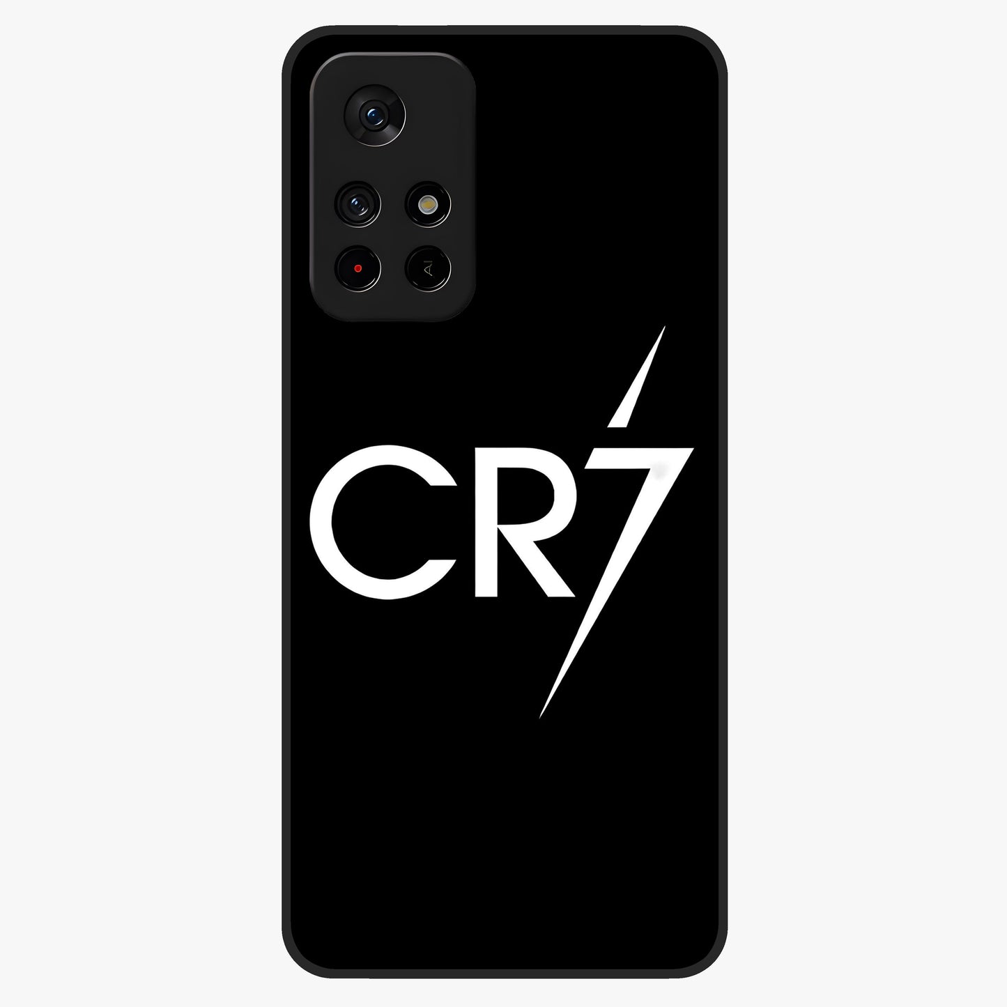 Cr7 Elite Strike Glass Case showing flat back view with dynamic football inspired artwork and glossy glass finish.