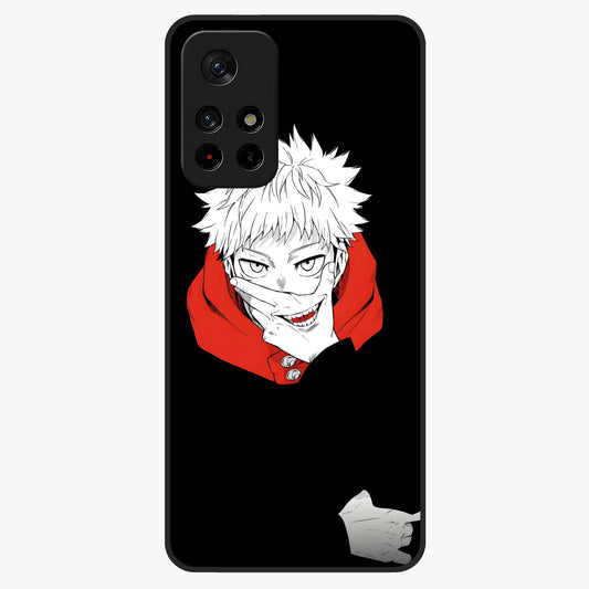 Crimson Chaos Smile Glass Case showing flat back view with bold chaotic smile artwork and glossy glass finish.