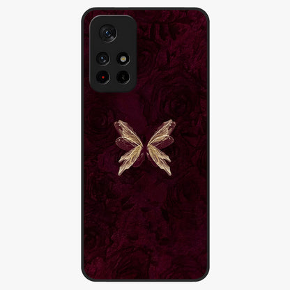 Crimson Fade Butterfly Glass Case showing flat back view with fading butterfly artwork and glossy glass finish.