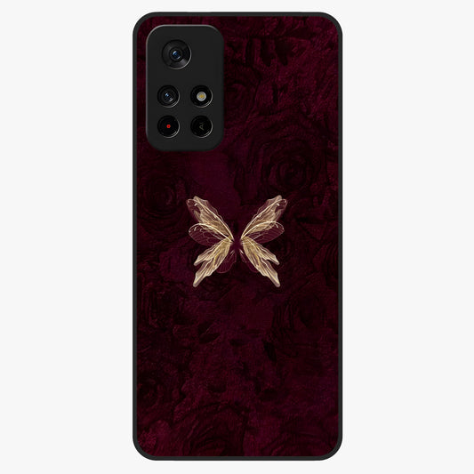Crimson Fade Butterfly Glass Case showing flat back view with fading butterfly artwork and glossy glass finish.