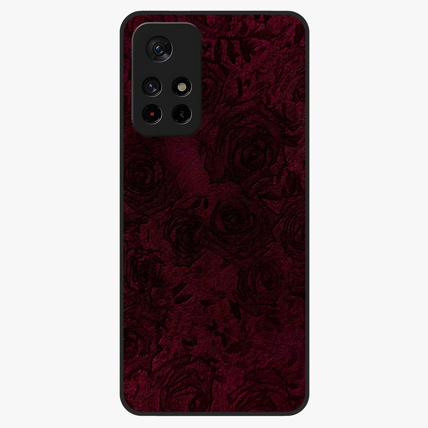 Crimson Fade Flow Glass Case showing flat back view with flowing crimson gradient artwork and glossy glass finish.