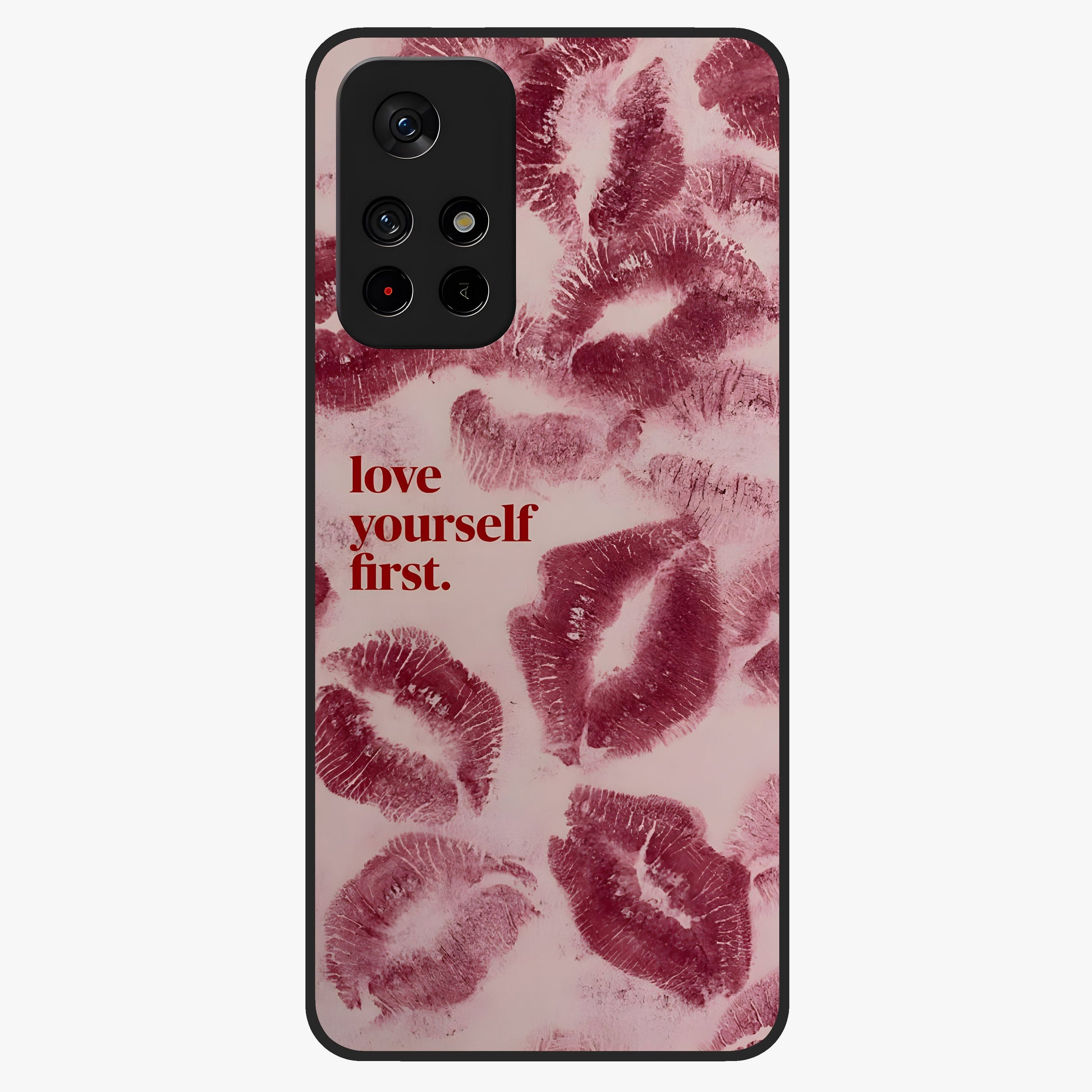 Crimson Kiss Love Glass Case upright view showcasing expressive romantic artwork with deep crimson theme.