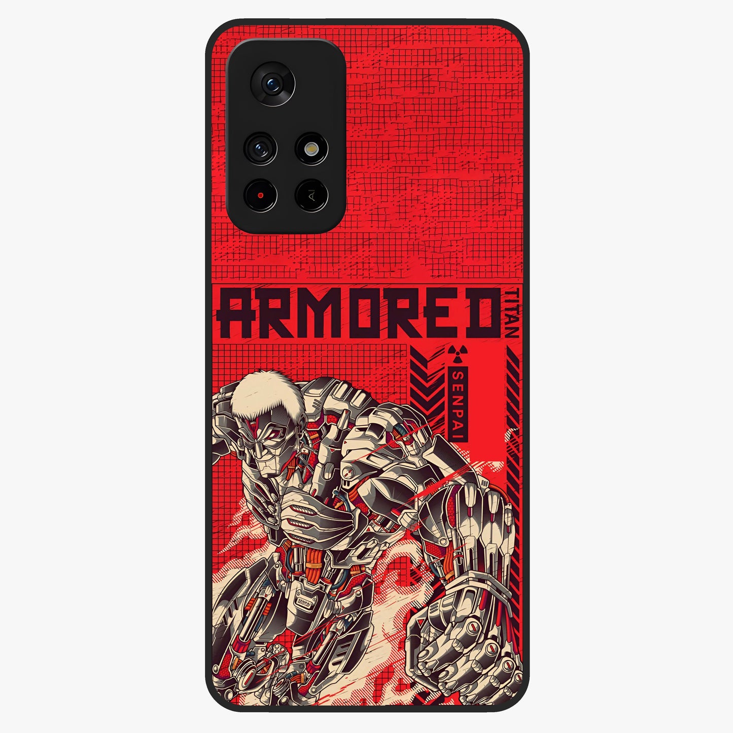 Crimson Mecha Titan Glass Case showing flat back view with powerful mech titan artwork and glossy glass finish.