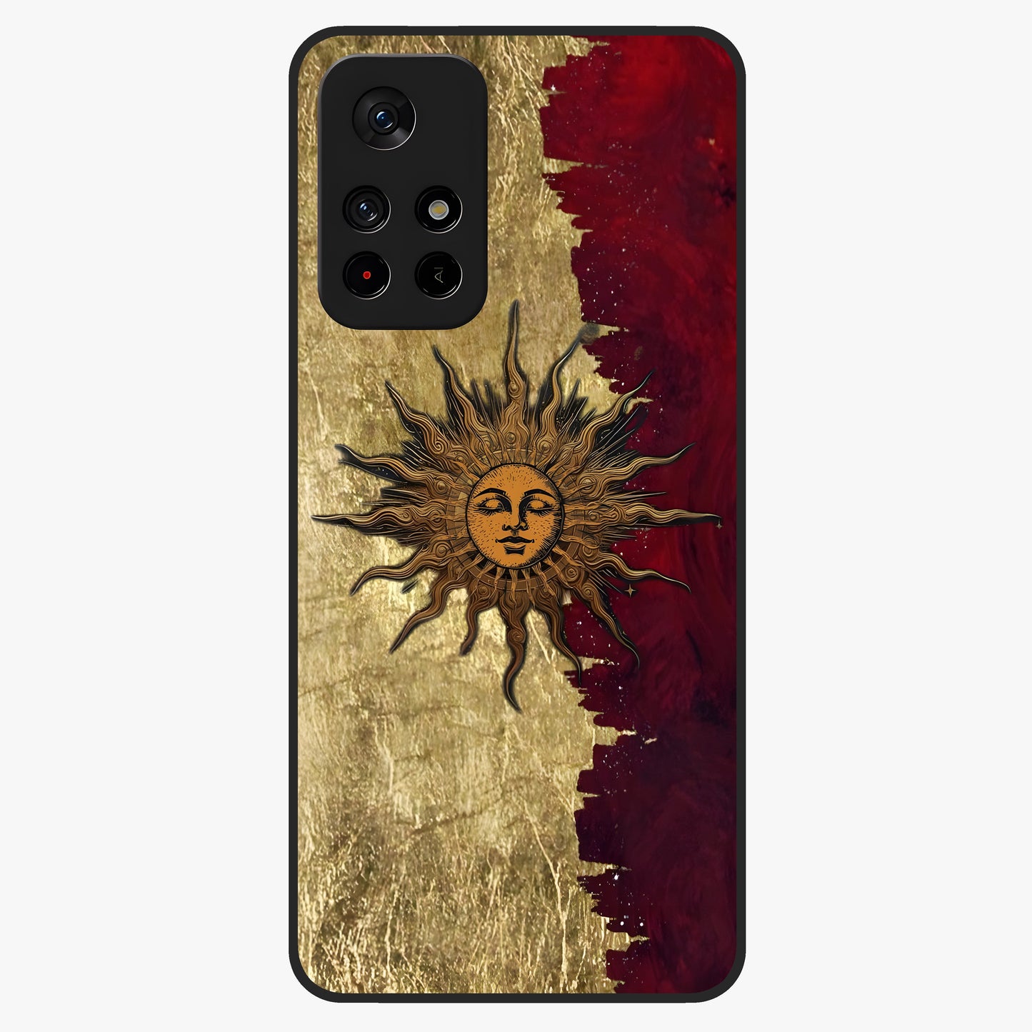 Crimson Sun Majesty Glass Case upright view showcasing vibrant sun artwork with powerful celestial theme.
