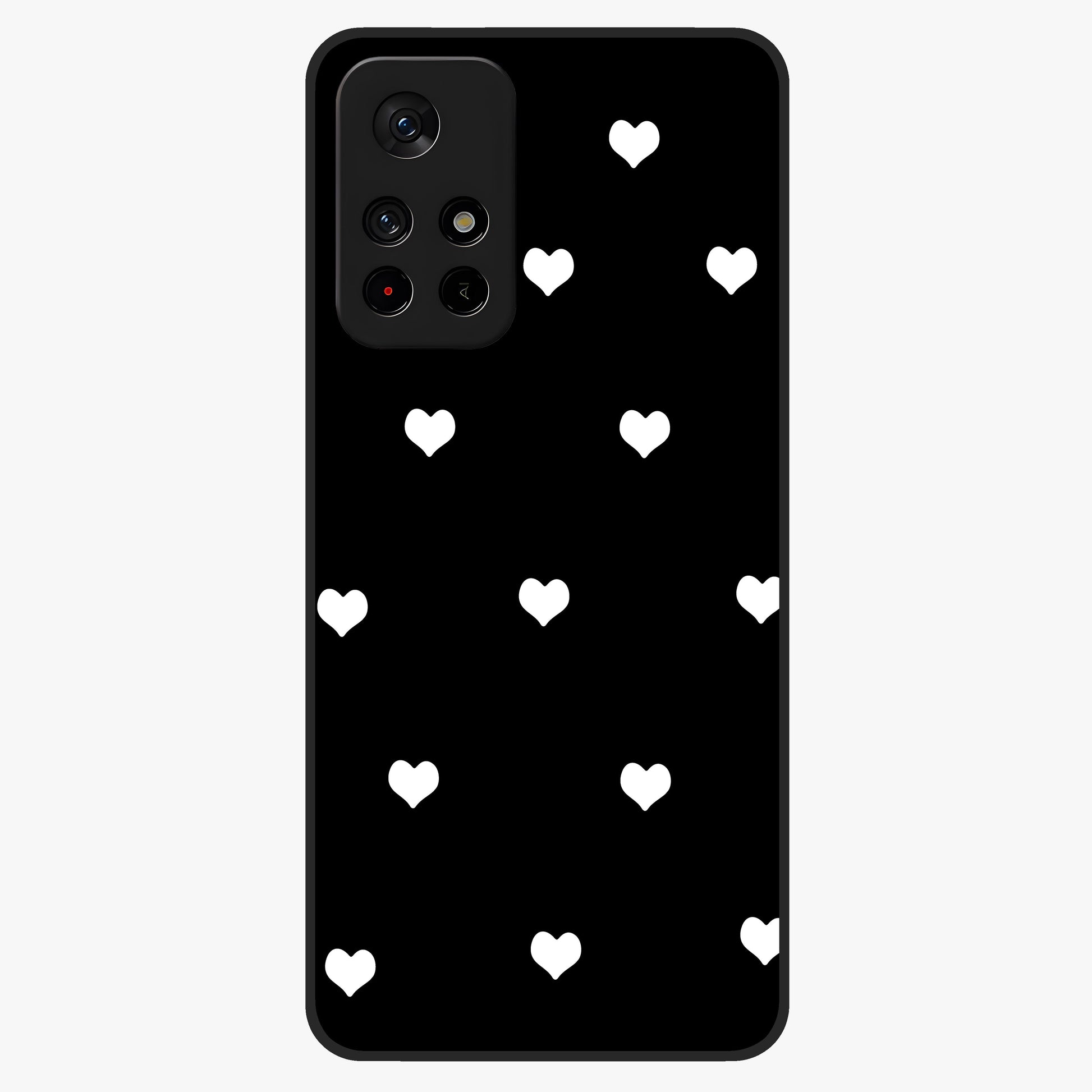 Cute And Simple White Hearts Glass Case upright view showcasing simple white hearts artwork with soft minimal theme.