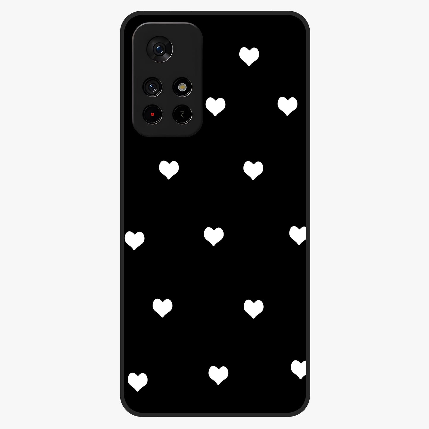Cute And Simple White Hearts Glass Case showing flat back view with minimal white heart pattern and glossy glass finish.
