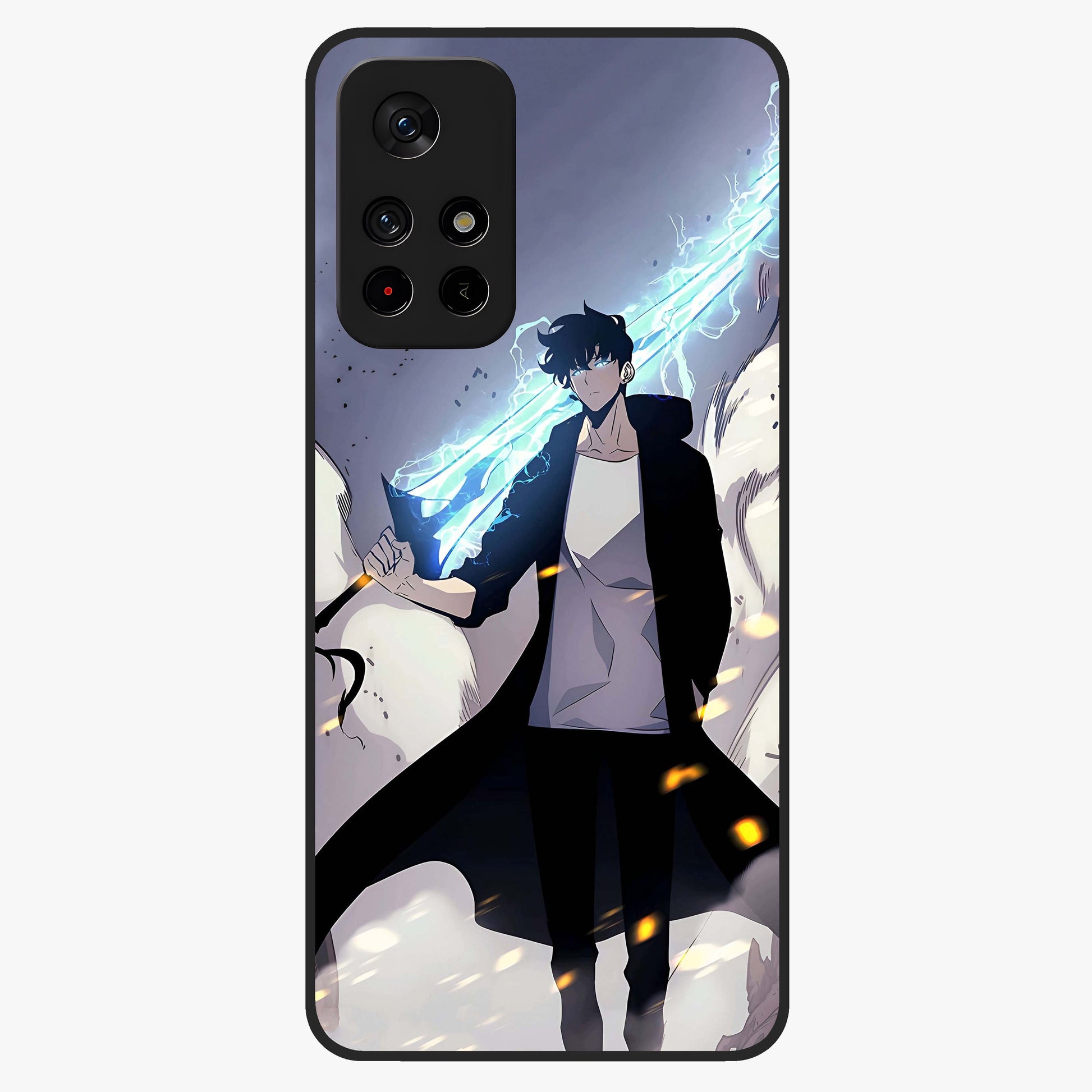 Dark Lightning Anime Warrior Glass Case upright view showcasing dramatic warrior artwork with dark lightning aesthetic.