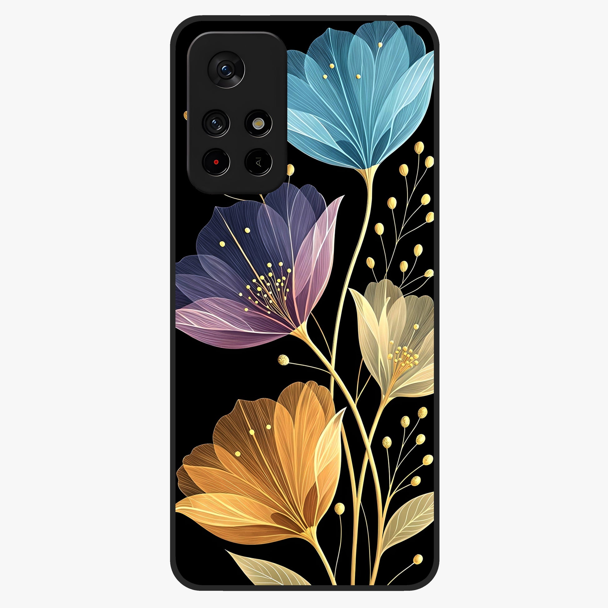 Delicate Multicolor Flowers Glass Case upright view showcasing delicate floral artwork with bright botanical theme.