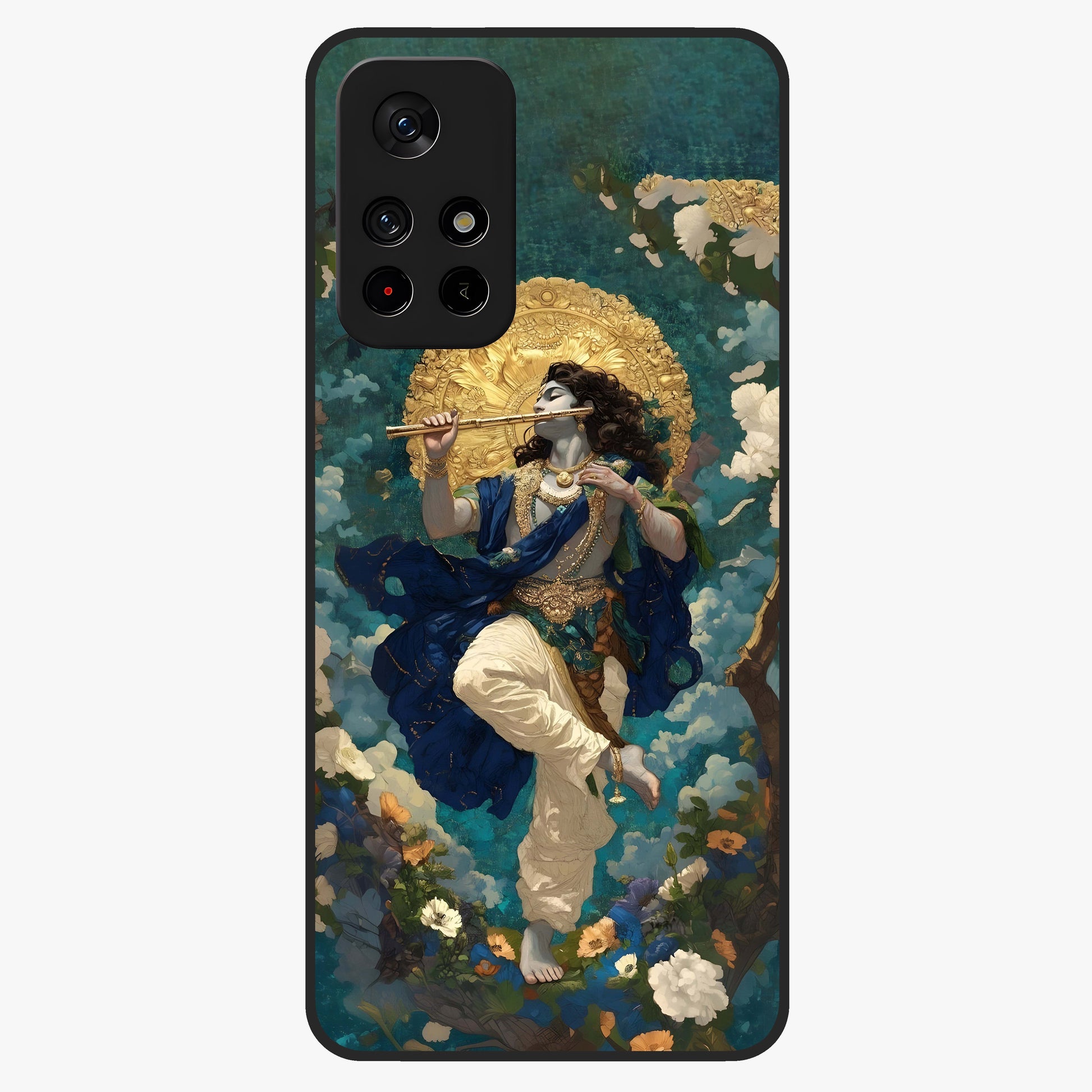 Divine Krishna Art Glass Case showing flat back view with Lord Krishna artwork and glossy glass finish.